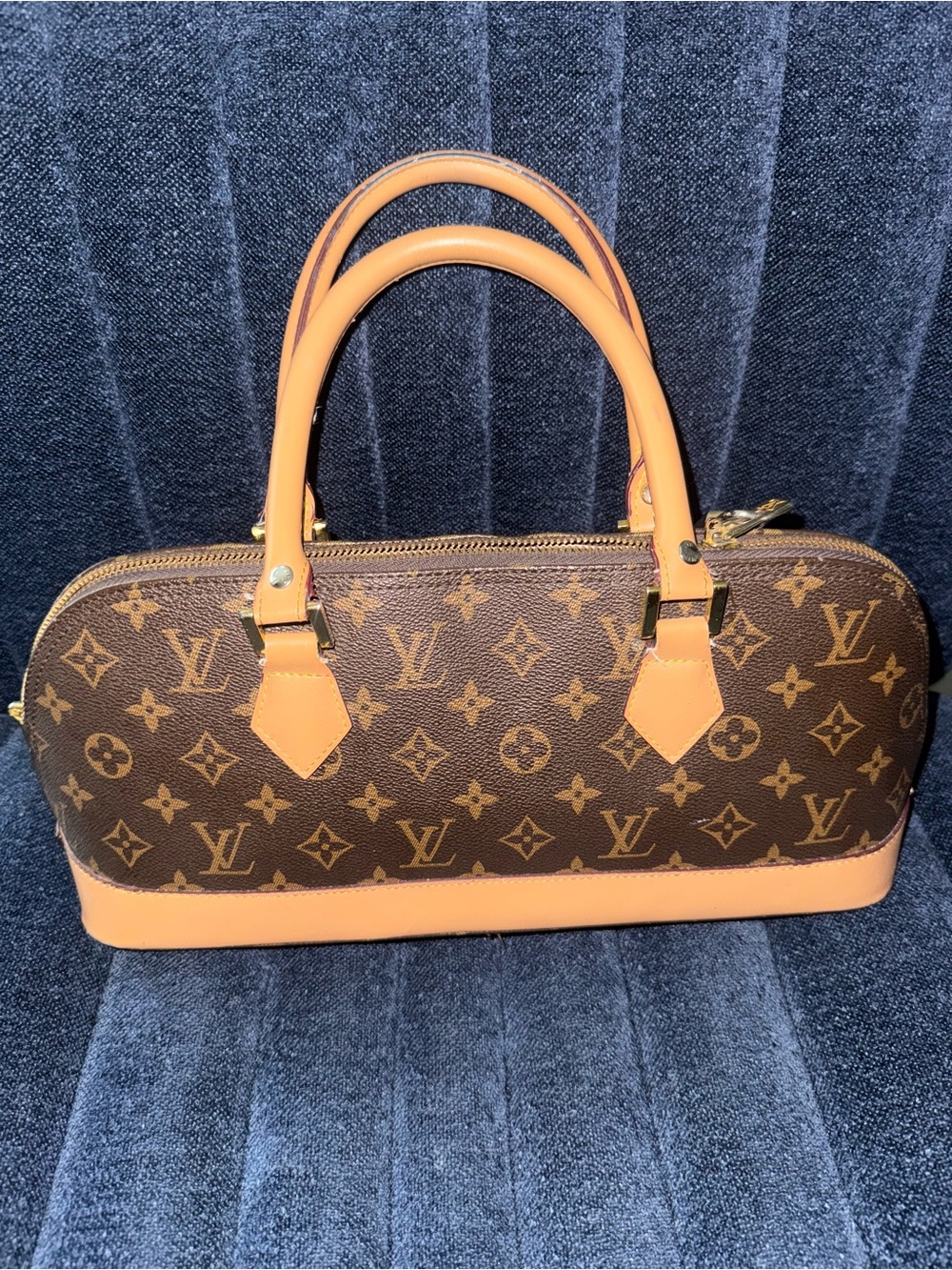 Genuine leather monogrammed hand bag and Tan Leather Trim - Picture 3 of 5